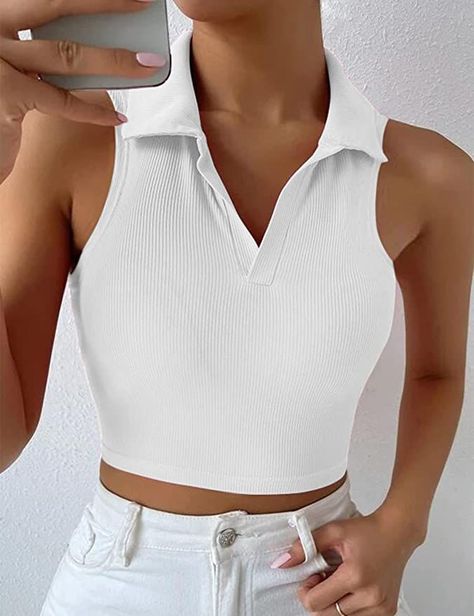 Sleeveless Collared Shirt, Women Workout, Workout Crop Top, Tops Casual, Casual Tank Tops, Amazon Fashion, Collar Shirts, Athletic Tank Tops, Crop Top