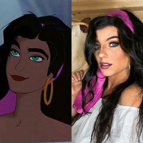 Esmeralda Makeup Disney, Brunette Cosplay Characters, Brunette Disney Characters, Brunette Hair Halloween Costume, Anime Makeup Aesthetic, Esmeralda Makeup, Brunette Characters Costumes, Cherry Red Highlights, Brunette Cosplay