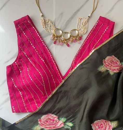 Rani pink sequence blouse Rani Blouse Design, Latest Trendy Blouse Designs For Silk Saree, Rani Pink Blouse Designs, Rani Pink Saree Contrast Blouse, Rani Pink Blouse, Striped Blouse Designs, Rani Pink Saree, Choli Blouse Design, Pink Blouse Designs