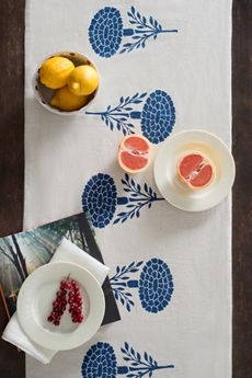 Marigold Khadi Cotton Runner by Good Earth. #CloudIndigo #HandBlock #SustainableLuxury #Cotton #Khadi #TableTextiles #Style Table Runner Photoshoot Ideas, Textile Photoshoot, Linen Prints, Fabric Paint Diy, Good Earth, White Linen Bedding, Indian Patterns, Linen Storage, King Bedding Sets