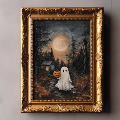 🎃👻 Embrace the Halloween Magic! 🌕🌲 This whimsical painting of a cute ghost holding a Jack-o'-lantern in a moonlit forest captures the perfect blend of spooky and sweet. 🖼️ Add a touch of Halloween charm to your home with this delightful artwork, perfect for the season of ghosts and pumpkins! 🌟 Available now! Limited stock—link in bio! #HalloweenArt #GhostWithPumpkin #SpookyCute #HalloweenDecor #MoonlitForest #AutumnWallArt #WhimsicalHalloween #GhostArt #HalloweenNightScene #CuteGhostArt Ghost Canvas Painting, Halloween Ghost Painting, Ghost Painting Ideas Thrift, Adding Ghosts To Old Paintings, Ghost Portrait Painting, Ghost Painting, Painting Ghosts On Old Paintings, Ghosts On Thrifted Paintings, Ghost Painted On Old Paintings