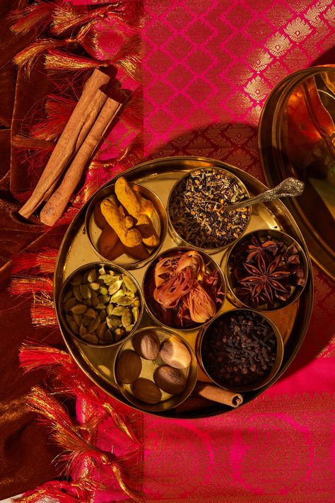 My own little masala dabba with all the little spices! Warm wintery spices for the season... :D #foodphotography #brass #props #foodphotoprops #masaladabba #spices #cinnamon #indianspices #productphotography #lifestylephotography #foodstyling #commercialphotography Indian Spices Photography, Masala Photography, Spice Aesthetic, Tikki Masala, Masala Corn, Masala Aloo, Indian Spice Box, Vegetable Masala, Masala Kitchen