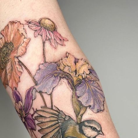 ✿ Hettie Baker ✿ on Instagram: "Two days back to back for Irja, thanks for travelling from Germany to get your first tattoo 💛" Victorian Flower Tattoo, Birds And Flowers Tattoo, Floral Tattoo Ideas, Ink Monster, Bird And Flower Tattoo, Tattoo Fixes, Shoulder Cap Tattoo, Tattoo 2024, Body Tattoo Design