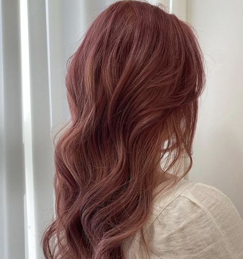 Natural Red Hair With Pink, Rose Colored Hair, Brown Pink Hair, Rose Red Hair, Pink Brown Hair, Brown Hair Korean, Rose Brown Hair, Dusty Rose Hair, Brown And Pink Hair