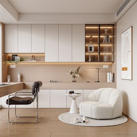 Modern office Study Room Minimalist Modern, Modern Minimalist Study Room, White Minimalist Office Design, Modern House Desk, Cabinet Office Design, Study Room Design Home Office Modern, Midern Desk, Couple Home Office, Study Room Cabinet