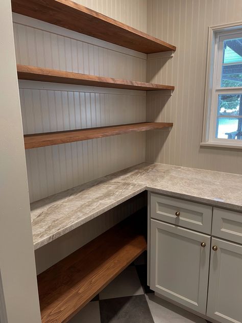 Wainscoting In Pantry, Bead Board Pantry Walls, Bead Board Pantry, Pantry Wall Design Ideas, Pantries With Wallpaper, Pantry With Beadboard, Vintage Pantry Design, Diy Pantry Countertop, Small Pantry With Sink