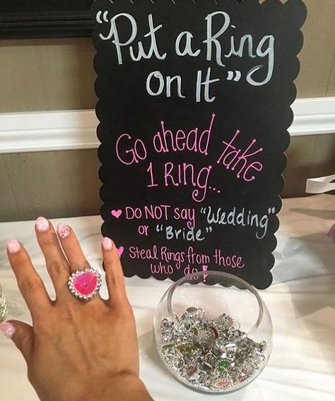 steal ring bridal shower game idea! Place fake diamond rings or faux cocktail rings in a bowl for guests to take. If they say bride, wedding, Engagement Party Activities, Diy Bridal Shower Games, Party Ideas Games, Engagement Party Ideas, Disney Bachelorette, Disney Bridal Showers, Ballon Party, Fun Bridal Shower Games, Bridal Shower Diy