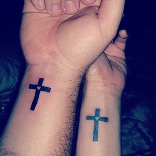 Cross Couple Tattoos, Matching Cross Tattoos Couple, Christian Couples Tattoos, Matching Cross Tattoos, Country Couple Tattoos, Husband Tattoo, Biblical Tattoos, Wife Tattoo, Small Matching Tattoos