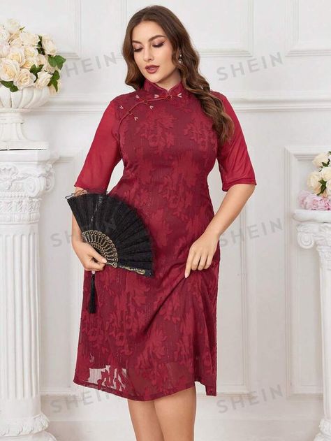 EMERY ROSE Plus Size Traditional Chinese Style Cheongsam Collar Buckle Dress With Laser Cut Details | SHEIN USA Chinese Collar Dress, Buckle Dress, Big Size Dress, Chinese Collar, Chinese Dress, Traditional Chinese, Cheongsam, Chinese Style, Fashion Online Shop