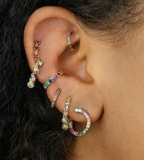 Multiple Ear Piercings Colorful, Multi Ear Piercings, Ear Piercing Curation, Piercing Curation, Ear Piercings Earrings, Ear Styling, Ear Stacks, B Day Gifts, Ear Jewellery