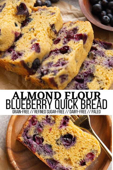 gluten-free blueberry bread Paleo Blueberry Bread, Almond Flour Quick Bread, Keto Blueberry Bread With Almond Flour, Almond Flour Blueberry Bread, Blueberry Almond Flour Recipes, Gf Blueberry Bread, Paleo Blueberry Recipes, Almond Flour Breakfast Recipes, Gluten Free Blueberry Bread