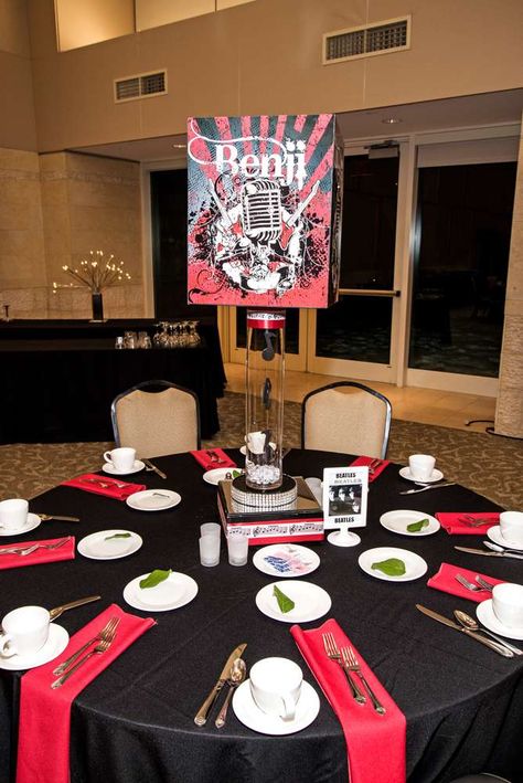 Rock N Roll Music Bar Mitzvah Party Ideas | Photo 8 of 12 | Catch My Party Rockstar Decorations, Bar Mitzvah Decorations, Bar Mitzvah Centerpieces, Star Centerpieces, Bar Mitzvah Party, Music Bar, Music Themed Parties, Party Rock, Rock N Roll Music