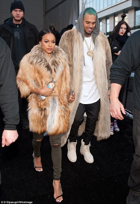 Chris Brown And Karrueche, Chris Brown Style, Baby Drama, Karrueche Tran, Take The High Road, Michael Costello, Brown Babies, Fur Coats, Fur Fashion