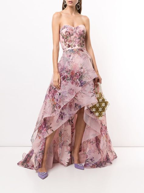 Sequin Embellished Asymmetric Gown – Marchesa Asymmetric Gown, Hi Low Gown, Strapless Organza, Floral Print Gowns, Embroidered Cocktail Dress, Gown Skirt, Blooming Garden, Designer Evening Gowns, Printed Gowns