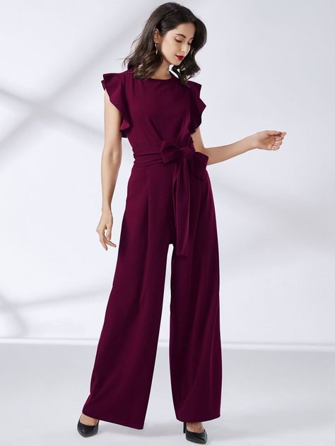 Free Returns ✓ Free Shipping On Orders $49+ ✓. MIUSOL Ruffle Trim Belted Wide Leg Jumpsuit- Women Jumpsuits at SHEIN. Wide Leg Jumpsuit Formal, October Wedding Guest Outfits, Maroon Jumpsuits, Jumpsuit Fall, Comfy Jumpsuits, Formal Jumpsuit, Guest Attire, Wedding Attire Guest, Graduation Outfit