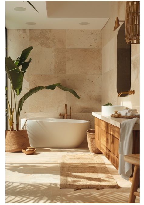 Mallorca Bathroom Design, Tropical Modern Bathroom, Natural Bathroom Design Earth Tones, Mocha Bathroom, Bathroom Theme Ideas, Balinese Bathroom, Calm Bathroom, Organic Bathroom Design, Natural Bathroom Design