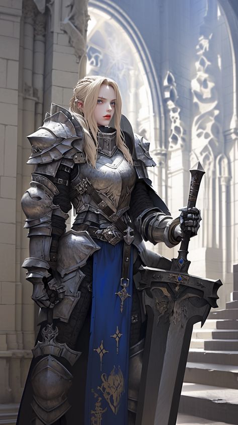 Character art created with Midjourney Ai #Artwork #Character #Fantasy #anime Female Knight Art, Fantasy Knight, Heavy Armor, Anime Knight, Female Armor, Female Fighter, Female Knight, Knight Art, Warrior Girl