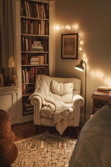 Cozy Home Library, Neutral Bedrooms, Bedroom Corner, Casa Vintage, Cozy Room Decor, Mantel Decor, Cozy Reading Nook, Cozy Room, Home Library