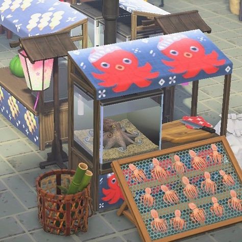 Animal Crossing Food Stalls, Acnh Stall Design, Stall Design Ideas, Japanese Town, Animal Crossing 3ds, Stall Design, Ac New Leaf, Animal Crossing Wild World, Qr Codes Animal Crossing