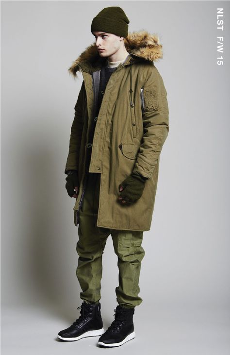 NLST F/W 15 MEN #NLST #FW15 #ARMY #menswear Parka Outfit Men, Green Parka Outfit, Parka Jacket Outfit, Apocalypse Clothing, Mens Winter Parka, Parka Outfit, Khaki Parka, Hunter Outfit, Mens Parka