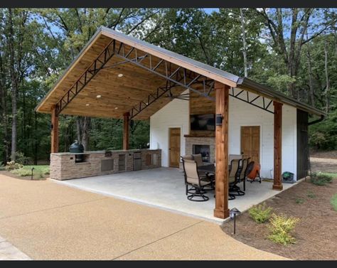 Shop With Outdoor Kitchen, Modern Pavilion Design Outdoor Spaces, Ranch Patio Ideas, Pavilion Off Back Of House, Outdoor Pavilion With Bathroom, Pool Shelter Ideas, Outdoor Kitchen Attached To Garage, Pavillion Shed Combo, Detached Outdoor Living Space