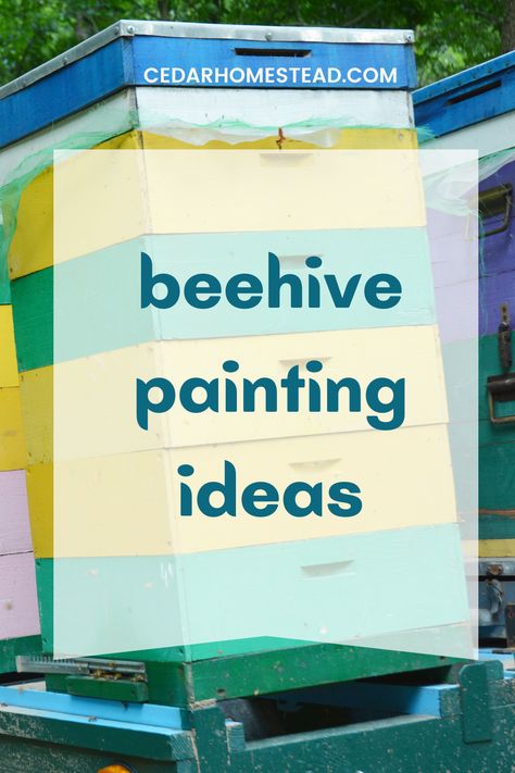 Yes, there's a correct and incorrect way to paint a beehive. In this blog post, I found all there is to know about what types of paints to use, what not to use, and how to paint a beegive the right way. This guide covers beehive painting ideas, what beehive paint colors to use, how to paint beehives, and more! Painting Bee Hives Boxes, Flow Hive Painting Ideas, Painted Bee Hives Ideas, Bee Box Painting Ideas, Beehive Painted, Bee Hive Painting Ideas, Beehive Painting Ideas, Bee Hive Art, Painted Beehives