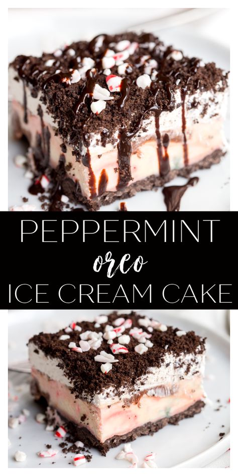 Oreo Peppermint Ice Cream Dessert, Candy Cane Ice Cream Cake, Peppermint Ice Cream Cake Recipe, Peppermint Bark Ice Cream Cake, Deserts With Peppermint, Oreo Cookie Ice Cream Dessert, Desserts Using Ice Cream Sandwiches, Frozen Peppermint Dessert, Peppermint Oreo Icebox Cake