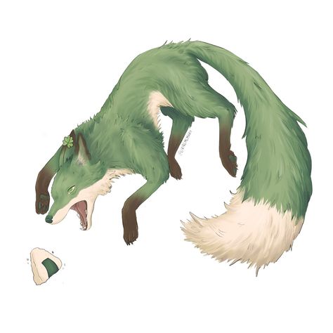 Drawing of a Green Fox jumping and wanting to bite in a Onigiri. Green Fox Art, Jumping Fox, Emoji Challenge, Fox Drawing, Canine Art, Fox Design, Fox Art, Realistic Drawings, Green Backgrounds