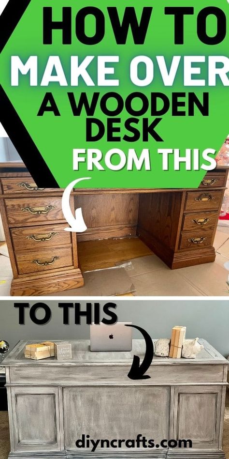 This distressed wood desk is the ultimate furniture makeover. A step by step tutorial that includes images for a unique desk restoration! This old wooden desk is a beautiful choice to update and match the popular modern farmhouse style we all love! Old Wooden Desk Makeover, Refinish Desk Ideas, Wooden Desk Makeover Diy, Vintage Desk Redo, Wood Desk Restoration, Oak Desk Makeover, Wooden Desk Makeover, Desk Renovation, Desk Restoration Ideas