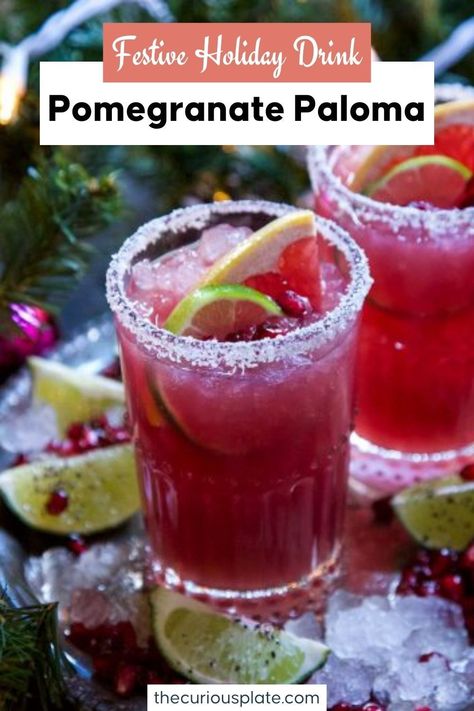 Refresh your holiday season with a Ginger Pomegranate Paloma! Whether as a cocktail or mocktail, this delightful drink is perfect for Thanksgiving and Christmas celebrations. Pomegranate Paloma Cocktail, Pomegranate Thanksgiving Drink, Holiday Paloma Cocktail, Christmas Paloma Cocktail, Virgin Paloma, Pomegranate Paloma, Paloma Drink, Pomegranate Drinks, Paloma Cocktail