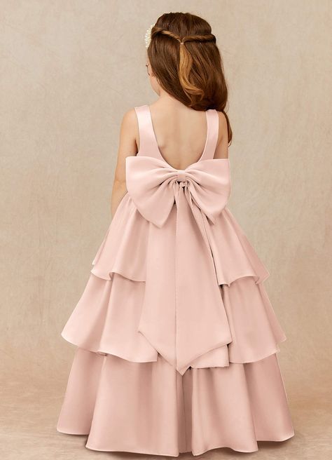 Azazie Margie Blushing Pink A-Line Bow Stretch Satin Dress | Azazie Kids Satin Dress, Trailer Wedding, Blush Pink Flower Girl Dress, Satin Flower Girl Dresses, Summer Flower Girl Dresses, Flower Girl Inspiration, Dahlia Wedding, Pink Flower Girl Dress, Satin Ballgown