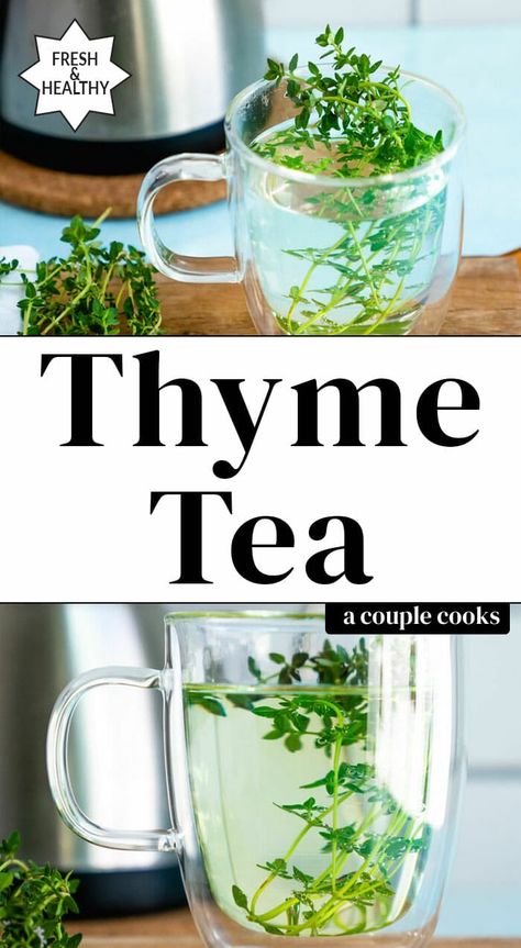 Thyme tea is a restorative herbal tea made with just boiling water and fresh thyme! Just 5 minutes to the perfect cup of tea. #thyme #tea #thymetea #herbaltea #herbs #herbrecipe Thyme Tea Benefits, Tea Healing, Basil Tea, Thyme Tea, Rosemary Tea, Sage Tea, Thyme Recipes, Mint Water, Cheap Food