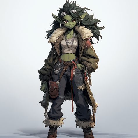 Dnd Goblin Artificer, Goblin Shopkeeper, Goblin Engineer, Female Goblin Art, Goblin Artificer, Female Goblin, Goblin Character, Dnd Orc, Goblin Girl