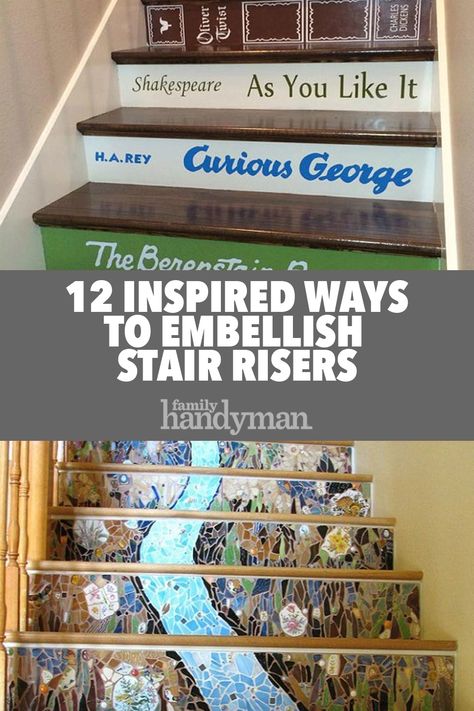 12 Inspired Ways to Embellish Stair Risers Decoupage Stair Risers, Decorative Stair Risers Ideas, Painted Step Risers, Stairs Risers Ideas, Step Riser Ideas, Painted Stair Risers Ideas, Wallpaper Stair Risers, Stair Risers Ideas, Paint Stair Risers