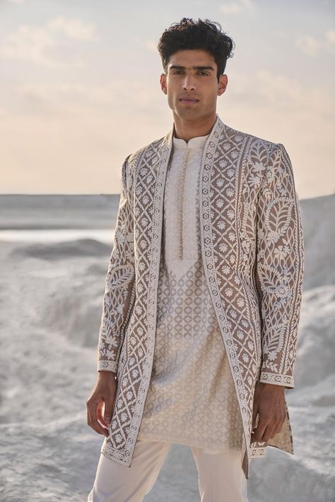 Buy Seema Gujral Beige Raw Silk Floral Embroidered Open Sherwani Set Online | Aza Fashions Short Sherwani, Open Sherwani, Traditional Indian Mens Clothing, Tuscan Summer, Indian Wedding Suits Men, Indian Fits, Gota Embroidery, Indian Wedding Clothes For Men, Dori Embroidery