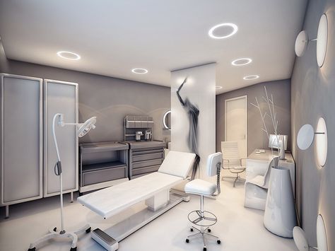 Wouldn't doctor's visits be a pleasure if those medical buildings had interiors that looked anything remotely like this? Set in a futuristic style, these medica Dermatologist Office, Medical Office Furniture, Medical Office Interior, Medical Clinic Design, Medi Spa, Medical Office Decor, Medical Office Design, Hospital Interior, Clinic Interior Design