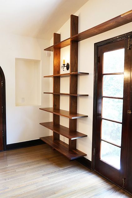 Walnut Built-in Bookshelves - Offerman Woodshop Wood Shelf Diy, Japanese Bookshelf, Wood Shelf Ideas, Minimal Bookshelf, Flex Room Ideas, Rustic Bookshelves, Custom Bookshelves, Bookshelf Plans, Shelf Diy