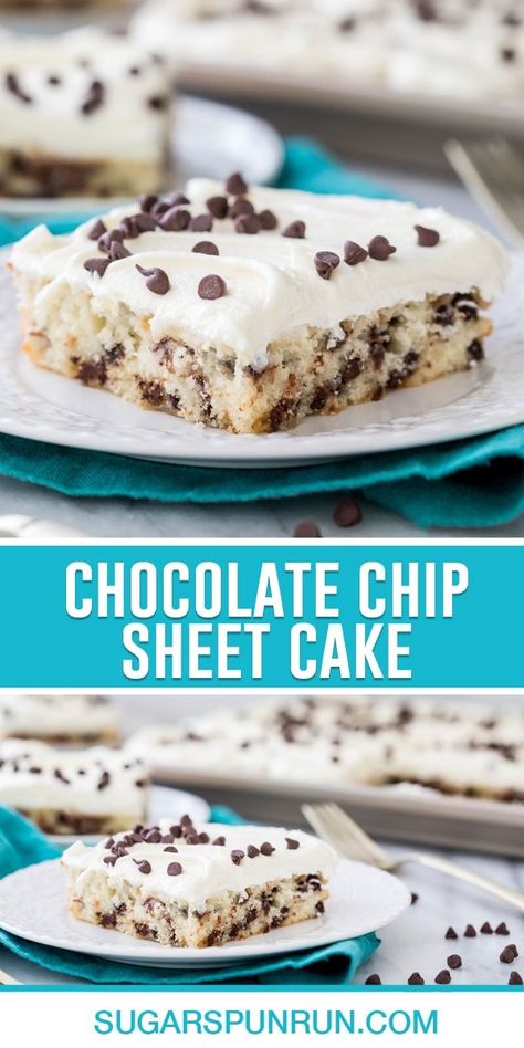 My Chocolate Chip Sheet Cake is a soft and fluffy snack cake that can be served right in the pan it's baked in. Simple to make and impossible to resist, you'll love this perfectly sweetened cake with its simple buttercream frosting and plenty of chocolate chips! Recipe includes a how-to video! Chocolate Chip Sheet Cake, Simple Buttercream Frosting, Chocolate Chips Recipe, Chocolate Chip Cake Recipe, Sugar Spun Run, Desserts With Chocolate Chips, Easy Buttercream Frosting, Chocolate Sheet Cake, Chocolate Chip Cake