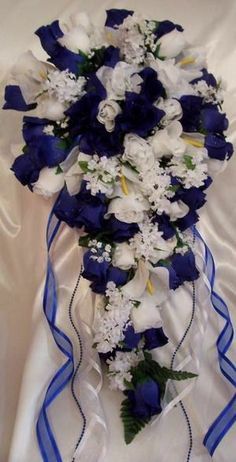 Royal Blue Bouquet, Royal Blue Wedding Theme, Ribbon Flowers Bouquet, Blue White Weddings, Cascading Bridal Bouquets, Bridal Bouquet Blue, Silk Bridal Bouquet, Blue Wedding Bouquet, Dress Pictures