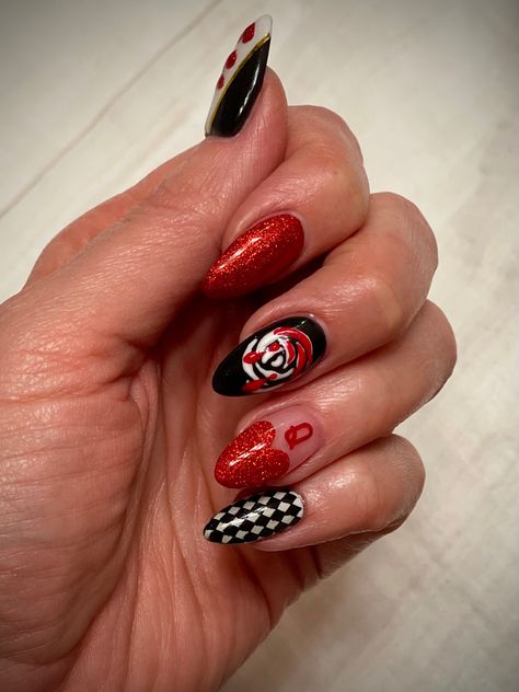 Caraval Inspired Nails, Alice In Wonderland Nails Designs Simple, Once Upon A Time Nails, Simple Alice In Wonderland Nails, Queen Of Hearts Inspired Nails, Queen Of Hearts Shoes, Queen Of Heart Nails Designs, Alice In Wonderland Themed Nails, Alice And Wonderland Nails Design