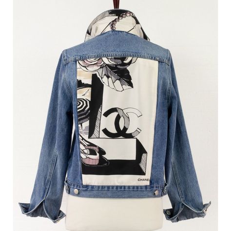 Chanel Jean Jacket, Upcycled Jean Jacket, Denim Jacket Design Ideas, Upcycle Jean Jacket, Scarf Chanel, Patch Aesthetic, Embellished Jackets, Jean Jacket Design, Denim Chanel