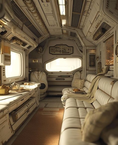 Spaceship Room Concept Art, Futuristic Train Interior, Spaceship Interior Design, Space Ships Interior, Sci Fi Spaceship Interior, Sci Fi Interior, Spaceship Room, Spaceship Aesthetic, Sci Fi Furniture