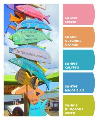 Key West Colorful Fish Margaritaville Color Palette, Key West Decor Beach Cottages, Caribbean Colors Tropical, Key West Bedroom Ideas, Key West Patio Ideas, Bright Beach House Exterior, Key West Coastal Decor, Key West Cottage Exterior, Sherwin Williams Tropical Paint Colors