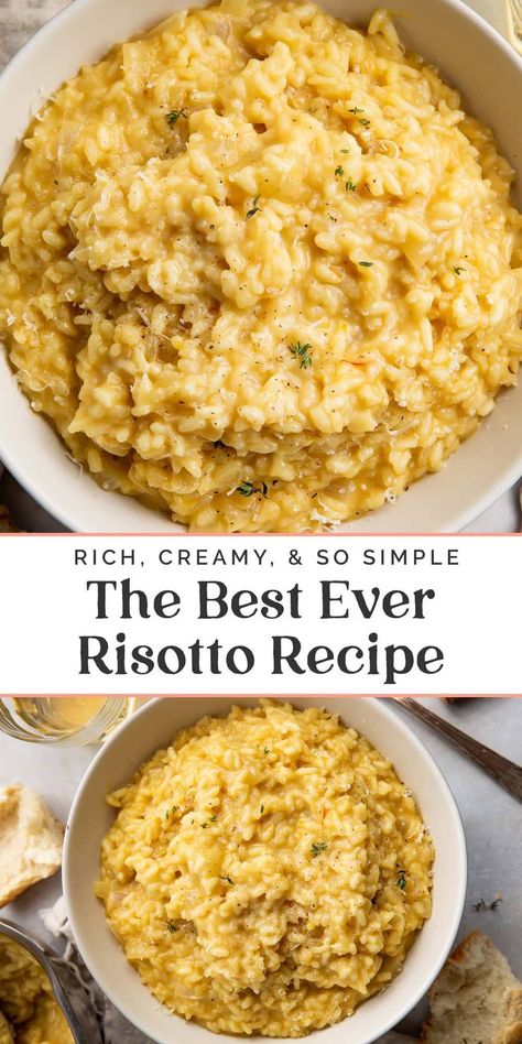 This is the BEST risotto recipe ever, and it's my most requested dish from family and friends. Rich and creamy, it reminds me of the risotto we've eaten in Italy but made easily in your very own kitchen. With plenty of freshly grated parmesan, a pinch of saffron if you have it, and enriched with some dry white wine, this risotto is the perfect accompaniment to chicken, salmon, or shrimp, or as a standalone dish to wow! Parmesan Rissoto Recipe, Chicken And Rice Risotto, Creamy Garlic Risotto, Best Risotto Recipes Parmesan, Parm Risotto Recipes, 4 Cheese Risotto, Cheddar Risotto Recipes, White Rice Risotto, Rissoto In Crockpot