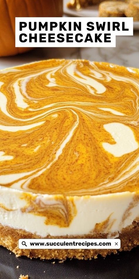 Enjoy the flavors of fall with this Creamy Pumpkin Swirl Cheesecake! A smooth, rich cheesecake swirled with pumpkin puree and warming spices. Dessert With Pumpkin Puree, Pumpkin Puree Recipes Desserts, Dessert With Pumpkin, Pumpkin Swirl Cheesecake, Pumpkin Puree Recipes, Rich Cheesecake, Swirl Cheesecake, Dessert Spread, Vanilla Whipped Cream