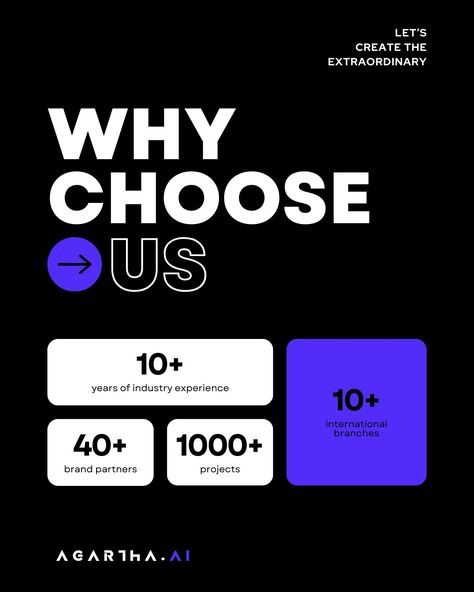 Why choose Agartha.AI? 🌟 With over 10 years of industry experience, 40+ brand partners, and 1000+ successful projects across 10+ international branches, we are dedicated to bringing your vision to life. Partner with us and experience the extraordinary! 🚀✨ #designagency #CreativeStudio #AgarthaAi #IndustryExperience #BrandPartners #SuccessfulProjects #InternationalBranches #DigitalMarketing #CreativeAgency #BusinessGrowth #CreateExtraordinary #DigitalTransformation #BusinessSolutions #Creativ... Why Choose Us Web Design, Why Choose Us, Presentation Slides Design, Web Ads, Ads Creative Advertising Ideas, Editing Lightroom, Creative Design Agency, Slides Design, Professional Web Design