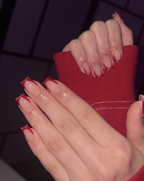 Red Nail Inspo Acrylic Square, Dark Red French Tip Nails Square, Red Square Nails Design, Short Red French Tip Nails, Red French Tip Nails Square, Red French Tip Acrylic Nails, Short Tapered Square Nails, Red Frenchies, Red Square Nails