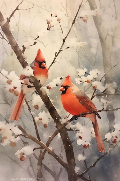 Painting of two cardinals sitting on a b... | Premium Photo #Freepik #photo #tree-branch #branch #tree #two Cardinal Paintings, Two Cardinals, Cardinal Painting, Branch Tree, Cardinal Birds, Photo Tree, Tree Branch, Painting Photos, Vector Photo