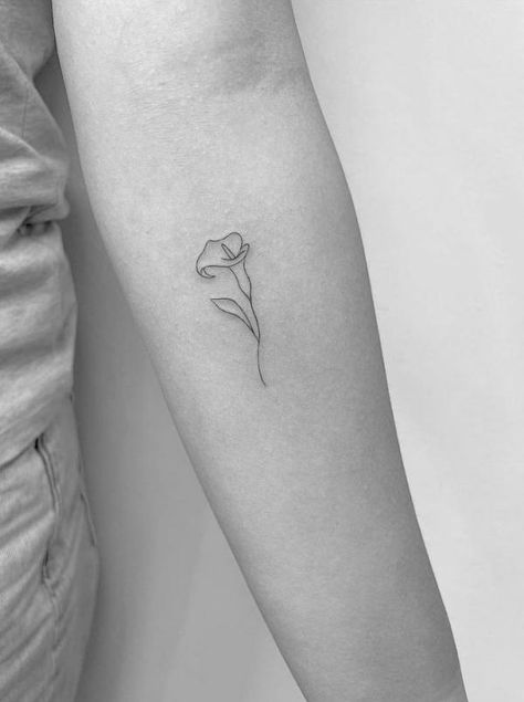 Simple Line Lily Tattoo, Calililly Flower Tattoos, Calla Lily Tattoo Simple, Small Calla Lily Tattoo, Tiny Calla Lily Tattoo, Small Lily Flower Tattoo, St Joseph Lily Tattoo, Simple Lilly Tattoo, Arum Lily Tattoo