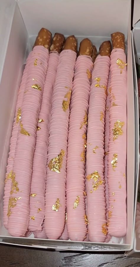 Pink And Gold Pretzel Rods, Pink And Gold Treats, Pink Chocolate Covered Rice Krispies, Pink Bow Desserts, Pink And Gold Desserts, Pink Treats For Party, Gold Chocolate Covered Pretzels, Rose Gold Treats, Pink And Gold Cupcakes